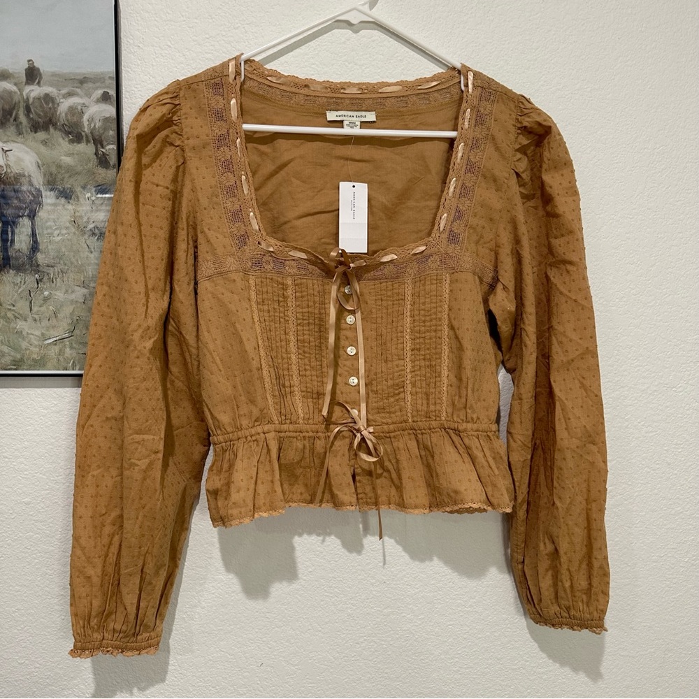 American Eagle Boho Swiss Dot Lace Detail Cropped Peasant Top with Cinched Waist